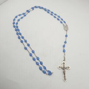 Catholic Blue Bead Rosary Necklace Miraculous Medal Devotional Prayer Crucifix